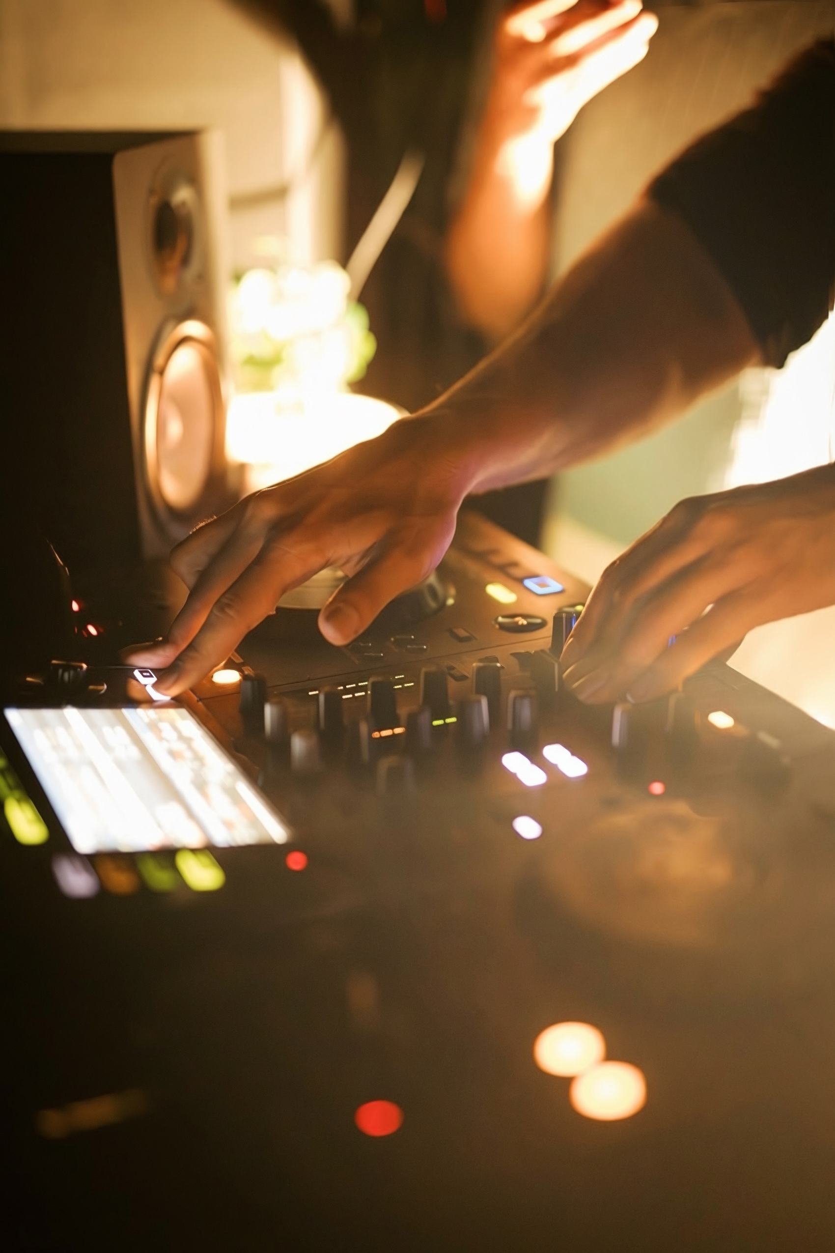 Close-up of Armaan Damani's hands on the mixer during a live organic house set