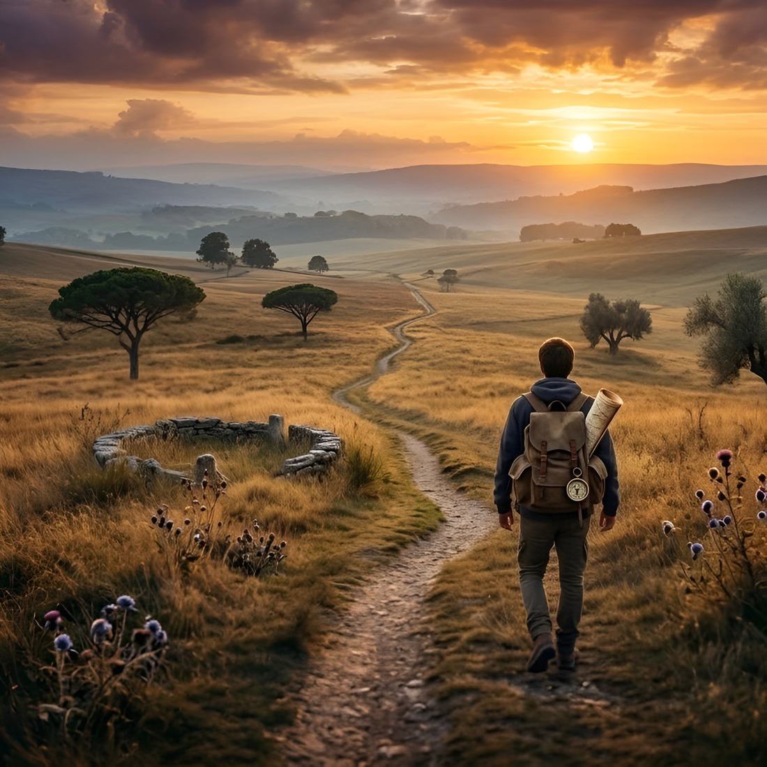 Single artwork for Passagem by Armaan Damani: a lone traveller walking a dirt path at sunset