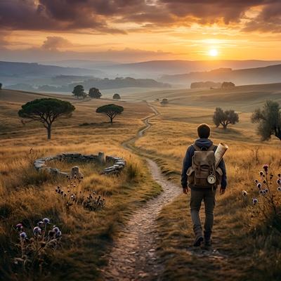Single artwork for Passagem by Armaan Damani: a lone traveller walking a dirt path at sunset